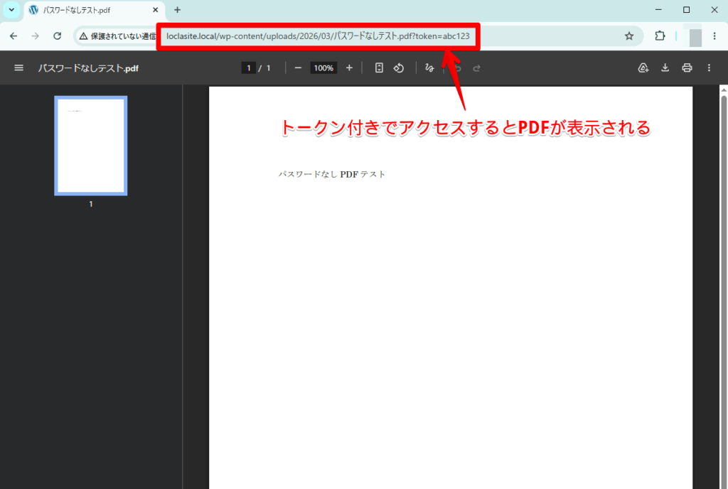 トークン付きのURLでアクセスするとPDFが正常に表示される画面